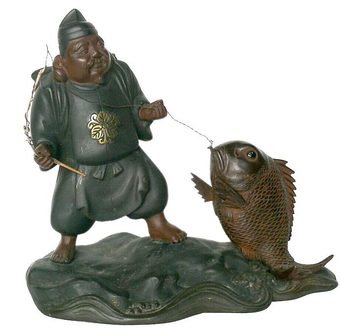 японская антикварная бронзовая статуэтка в виде одного из Семи Богов Счастья Эбису