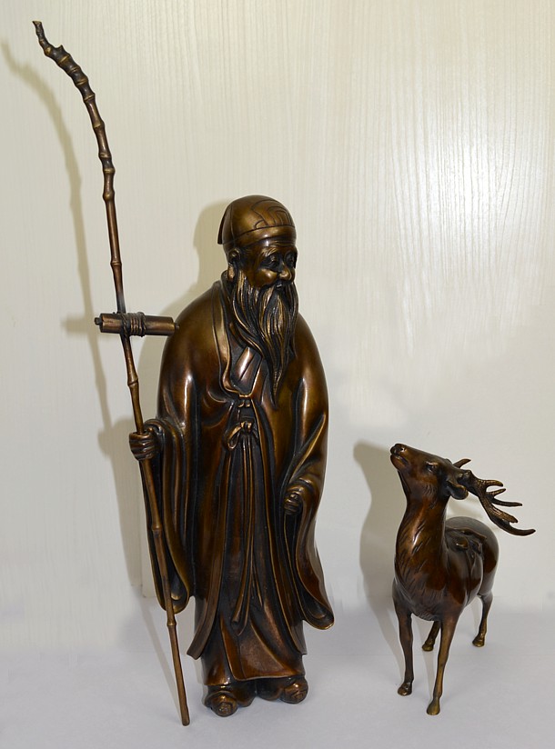 японская антикварная композиция из бронзы: Фукурокудзю и олень