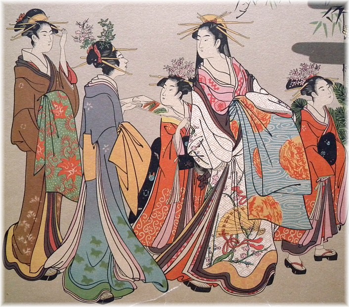 японская старинная гравюра изображающая Ойран и майко на прогулке