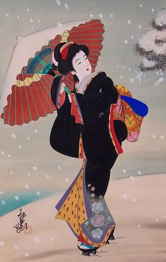 гейша в черном кимоно под снегом, японский рисунок, 1850-е гг