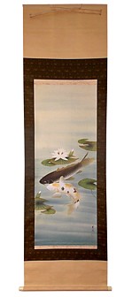  Карпы в пруду, японская акварель на свитке