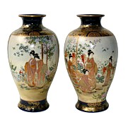 японские антикварные фарфоровые парные вазы Сацума