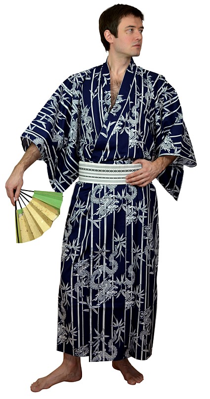 японское мужское хлопковое кимоно юката и традиционный веер
