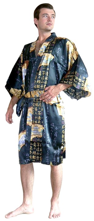 мужской халат кимоно, шелк 100%, цвет черный, Япония