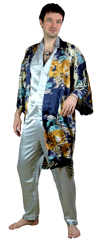 мужской шелковый халат-кимоно, цвет темно-синий, сделано в Японии