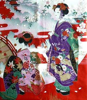 девушки в кимоно - рисунок на ткани японского кимоно АСАКУСА