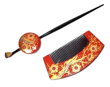 японский расписной гребень и длинная шпилька канзаси для украшения прически, 1950-е гг.