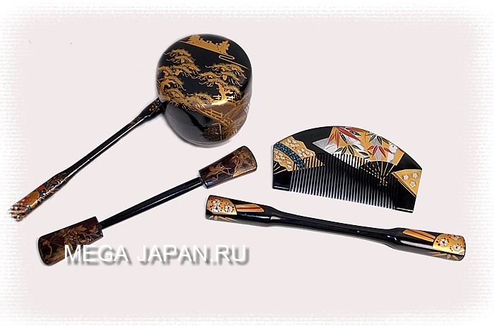 японские антикварные украшения прически, веер и коробочкая для чая