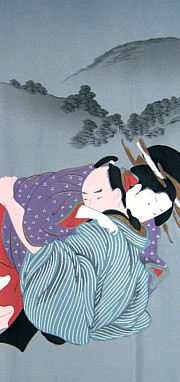 японское мужское шелковое кимоно с авторким рисунком на эротическую тему