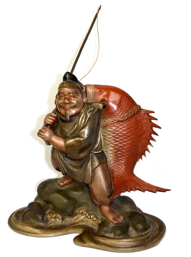 японская антикварная бронзовая фигура одного из Семи Богов Счастья - Эбису
