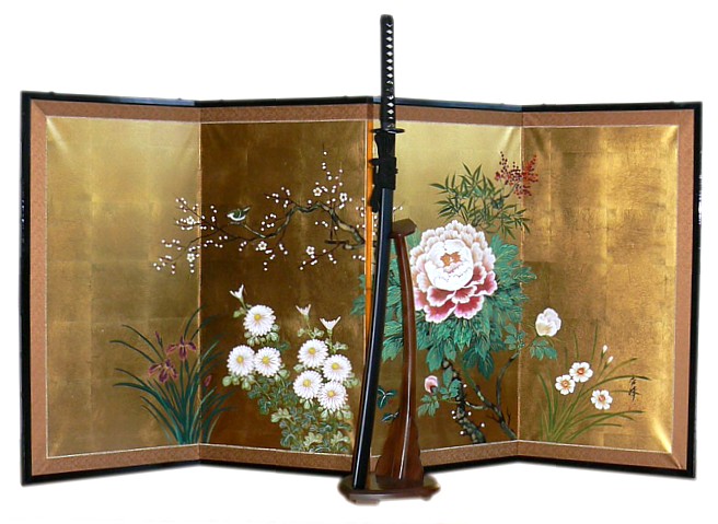 японская традиционная 4-х панельная ширма с автоским рисунком