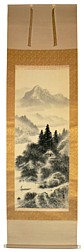 Пейзаж в горах, японская картина-свиток в технике суми-э