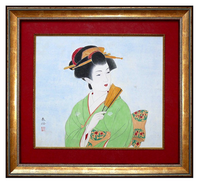 японская картина Красавица с веером, Натори Шунсен, 1927-й г.