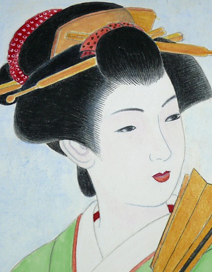 японская картина Красавица с веером, 1927-й г.