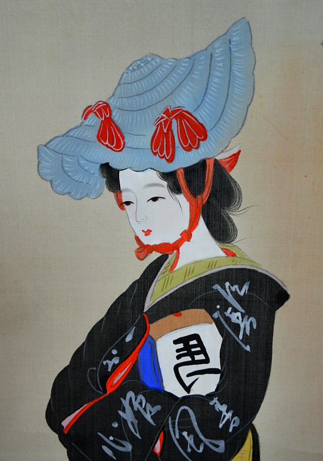 Гейша с сямисэном, японский рисунок на свитке, деталь.