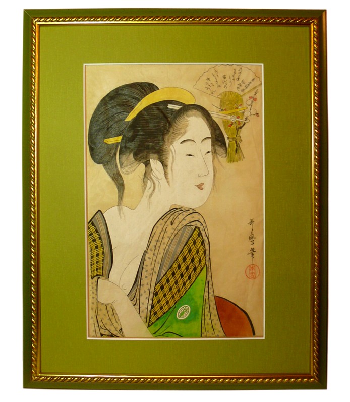  Гейша в зеленом кимоно, японская картина в раме, 18 в.