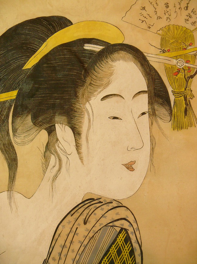  Гейша в зеленом кимоно, японская картина. Деталь.