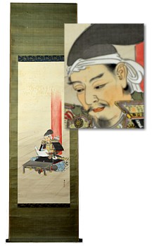 Самурай с письмом в храме, японский акварельный рисунок на свитке