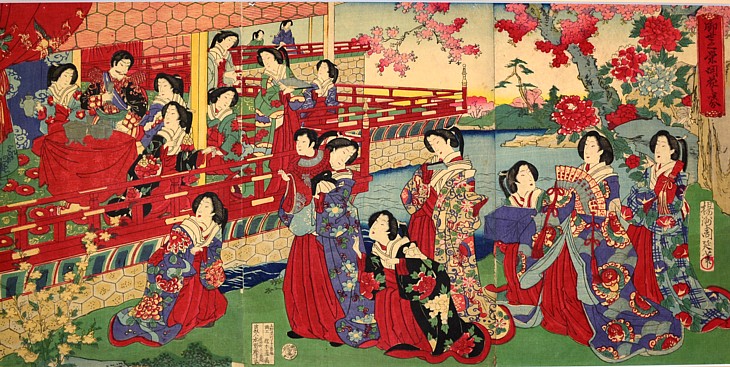 японская старинная гравюра триптих Император Мэйдзи в весеннем саду, 1880-й г.