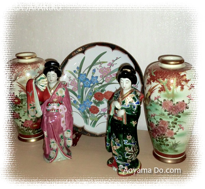 японский антикварный фарфор: вазы парные сацума, статуэтки имари