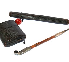 японская антикварная курительная серебряная трубка с табачницей и чехлом, конец эпохи Эдо